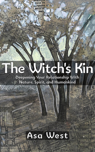 Cover of The Witch's Kin by Asa West. Artwork of grey and green trees combined with the map of a city.